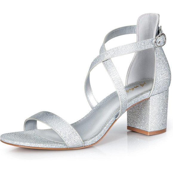 Women's Silver Strappy Block Heels Comfy Grace Sandals Open Toe Chunky Dress - Picture 1 of 7